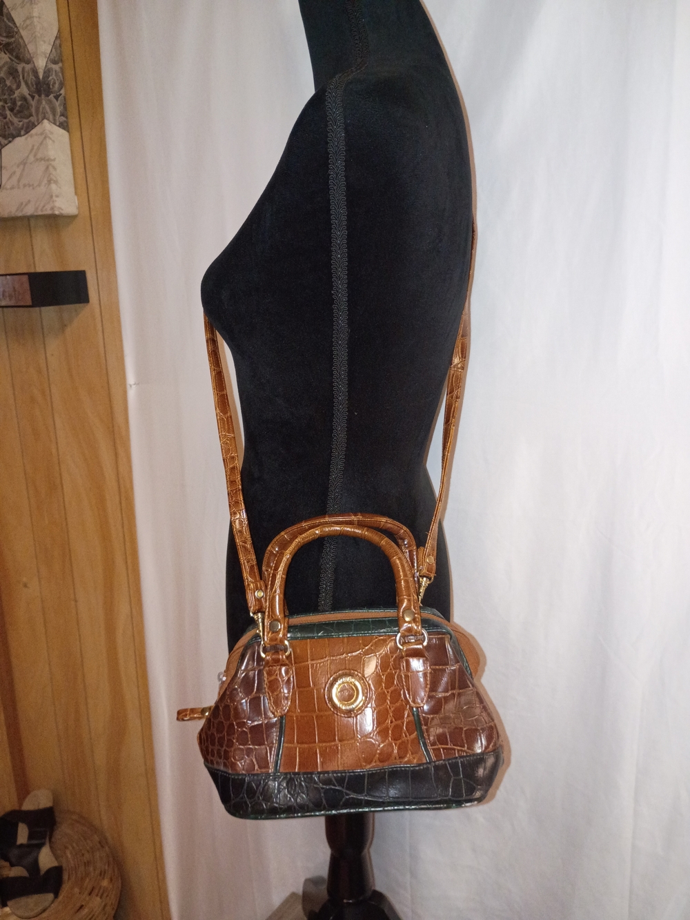 Dolce Vita Brown Croc-Embossed Leather Crossbody Bag with Black Trim